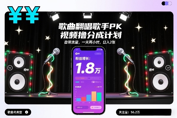 歌曲翻唱歌手PK视频撸分成计划,自带流量,一天两小时,日入2张-副业网创