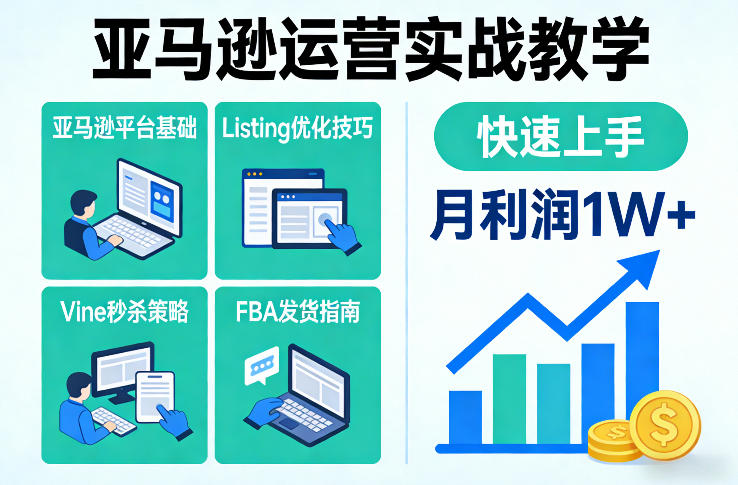 亚马逊运营实战教学，亚马逊平台+Listing优化+Vine秒杀+FBA发货等，快速上手，实现店铺月利润1W-副业网创