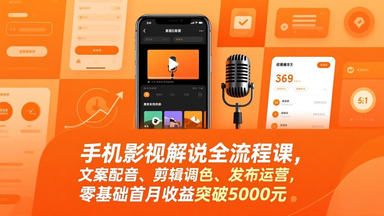 手机影视解说全流程课，文案配音、剪辑调色、发布运营，零基础首月收益突破5000元-副业网创