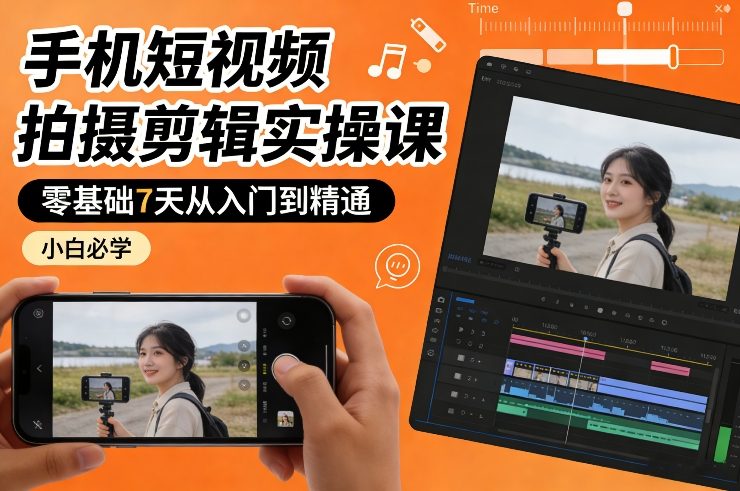 手机短视频拍摄剪辑实操课，零基础7天从入门到精通，小白必学-副业网创