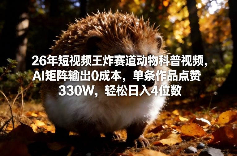 26年短视频王炸赛道动物科普视频，AI矩阵输出0成本，单条作品点赞330W，轻松日入4位数-副业网创