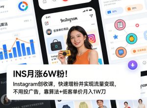 INS月涨6W粉！Instagram创收课，快速增粉并实现流量变现，不用用投广告，靠算法+低客单价月入1W刀-副业网创