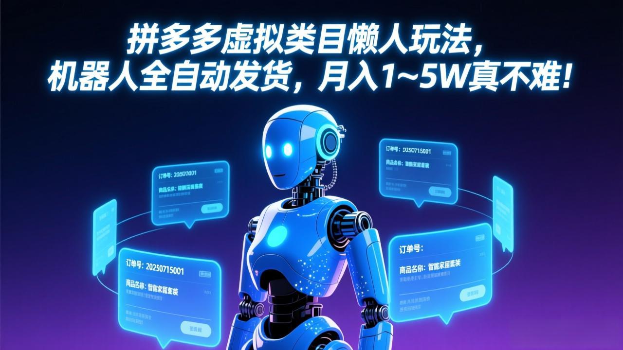 拼多多虚拟类目懒人玩法，机器人全自动发货，月入 1-5W 真不难！-副业网创