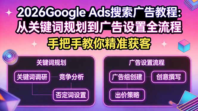2026Google Ads搜索广告教程：从关键词规划到广告设置全流程，手把手教你精准获客-副业网创