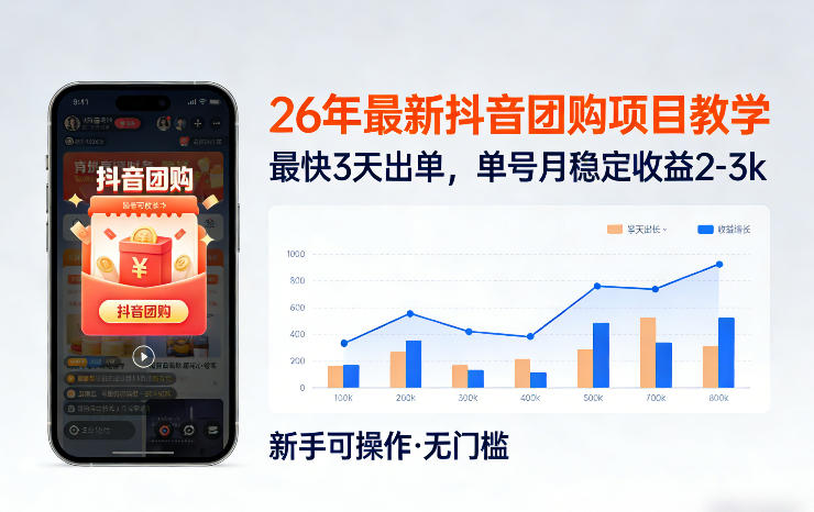 26年最新抖音团购项目教学，0门槛，最快3天出单，单号月稳定收益2-3k-副业网创