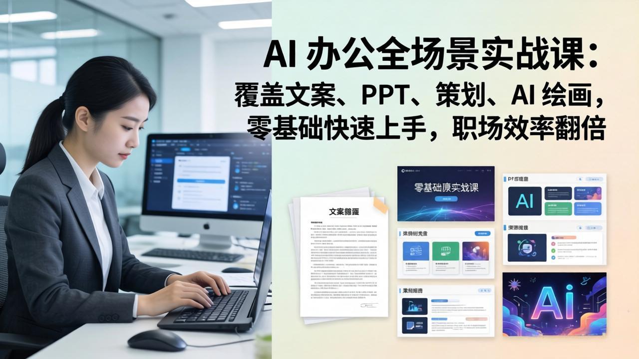 AI 办公全场景实战课：覆盖文案、PPT、策划、AI 绘画，零基础快速上手，职场效率翻倍-副业网创