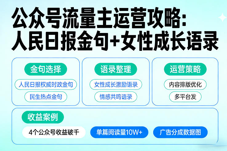 利用人民日报金句+女性成长语录做公众号流量主，4个公众号收益破千-副业网创