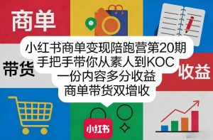 小红书商单变现陪跑营第20期，手把手带你从素人到KOC，一份内容多分收益，商单带货双增收-副业网创