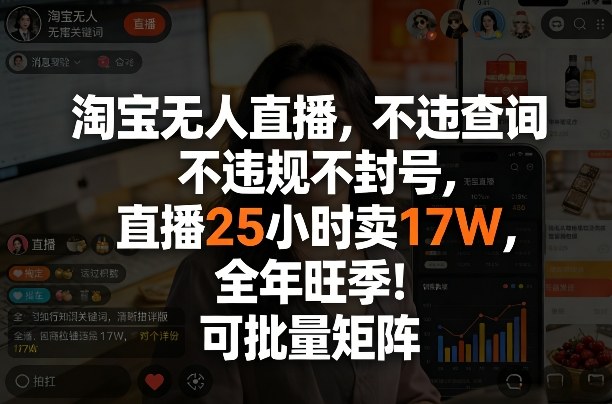 淘宝无人直播，不违规不封号，直播25小时卖17W，全年旺季！可批量矩阵【揭秘】-副业网创