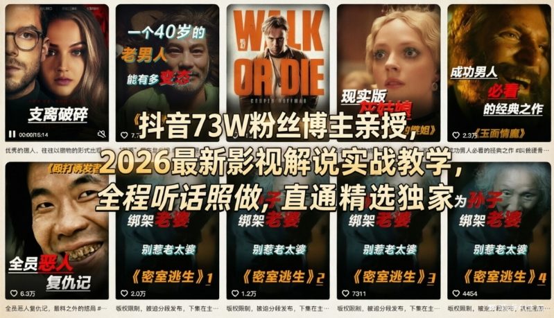 抖音73W粉丝博主亲授，2026最新影视解说实战教学，全程听话照做，直通精选独家-副业网创