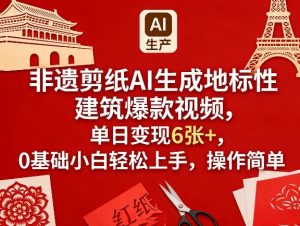 非遗剪纸AI生成地标性建筑爆款视频，单日变现6张+，0基础小白轻松上手，操作简单-副业网创