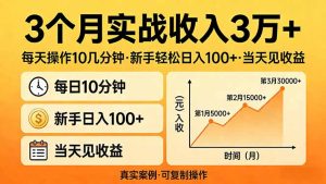 3个月实战收入3万+，每天操作10几分钟，新手轻松日入100+，当天见收益-副业网创