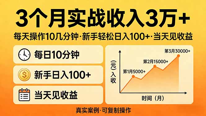 3个月实战收入3万+，每天操作10几分钟，新手轻松日入100+，当天见收益-副业网创