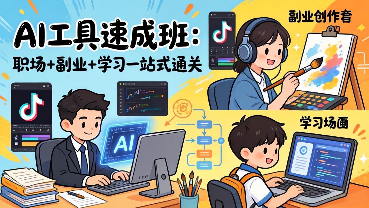 AI工具速成班：职场+副业+学习一站式通关，20+爆款类型+剪映技巧+抖音算法，0基础快速上手-副业网创