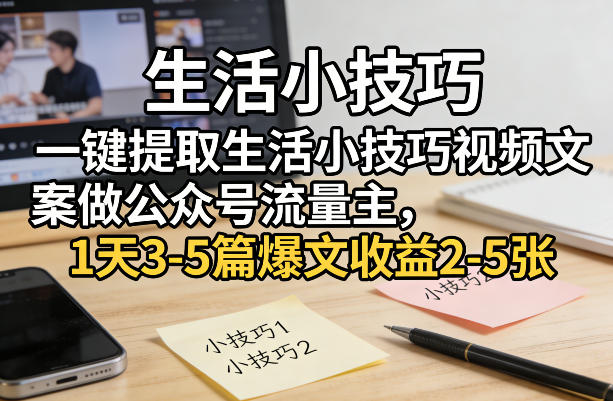 一键提取生活小技巧视频文案做公众号流量主，1天3-5篇爆文收益2-5张-副业网创