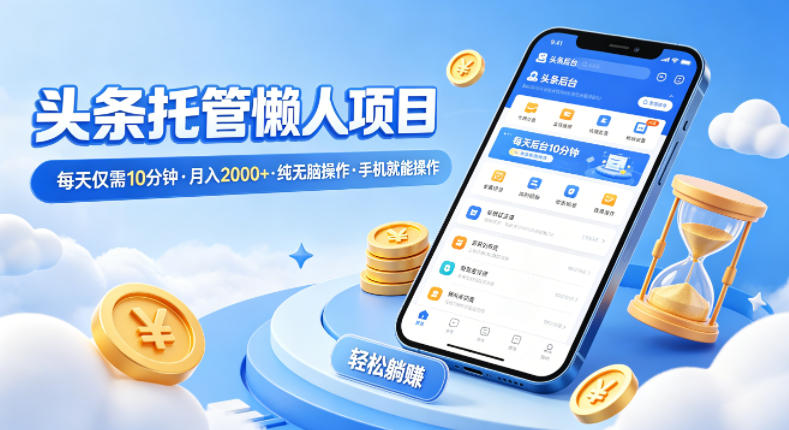 头条托管懒人项目，每天仅需10分钟，月入2000+，纯无脑操作，手机就能操作【揭秘】-副业网创