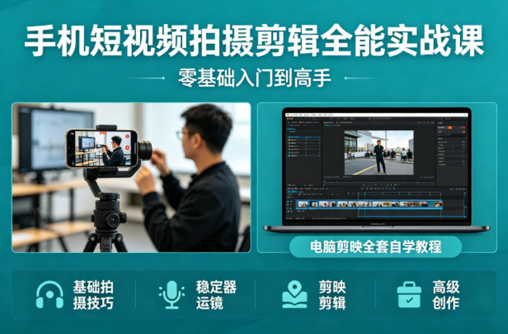 手机短视频拍摄剪辑全能实战课:零基础入门到高手,稳定器运镜+电脑剪映全套自学教程-副业网创
