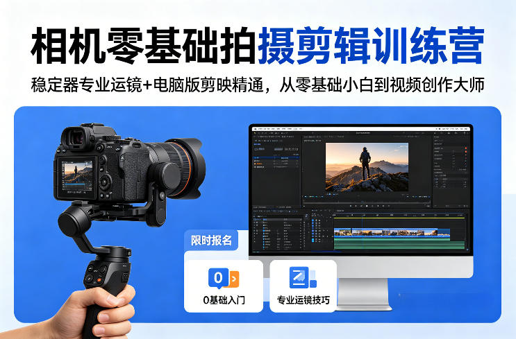 相机零基础拍摄剪辑训练营:稳定器专业运镜+电脑版剪映精通,从零基础小白到视频创作大师-副业网创