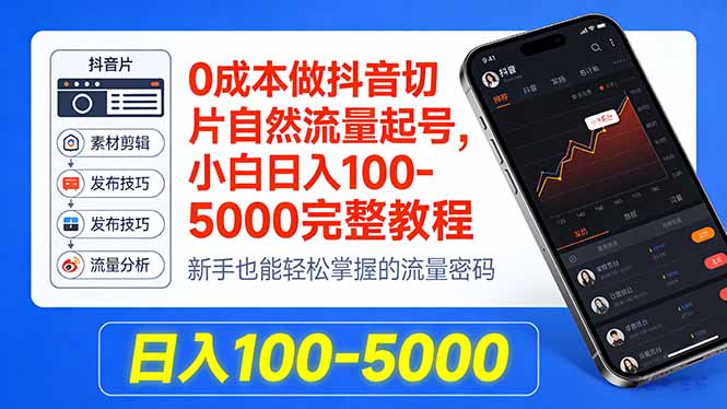0成本做抖音切片自然流量起号，小白日入100-5000完整教程-副业网创
