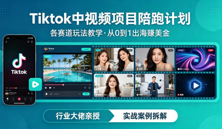 某大佬的Tiktok中视频项目陪跑，涵盖TK各个赛道玩法教学，从0到1出海賺美金-副业网创