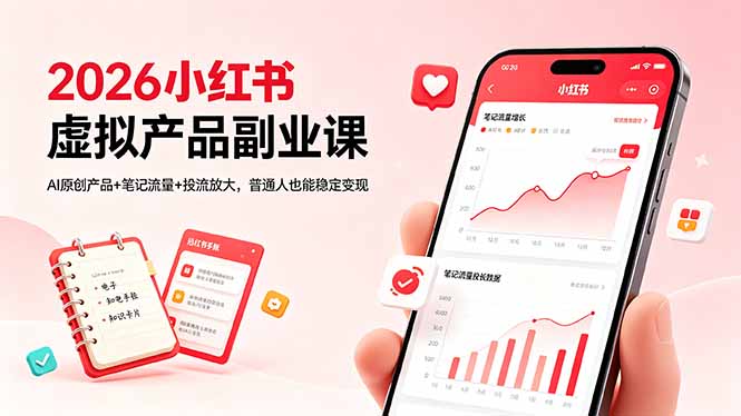 2026小红书虚拟产品副业课，AI原创产品+笔记流量+投流放大，普通人也能稳定变现-副业网创
