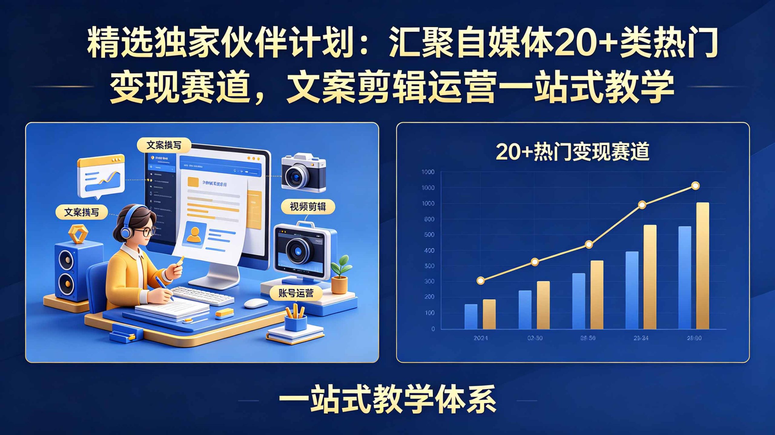 精选独家伙伴计划：汇聚自媒体20+类热门变现赛道，文案剪辑运营一站式教学-副业网创