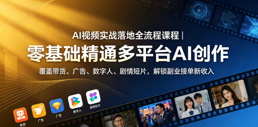 AI视频实战落地全流程课程｜零基础精通多平台AI创作，覆盖带货、广告、数字人、剧情短片，解锁副业接单新收入-副业网创