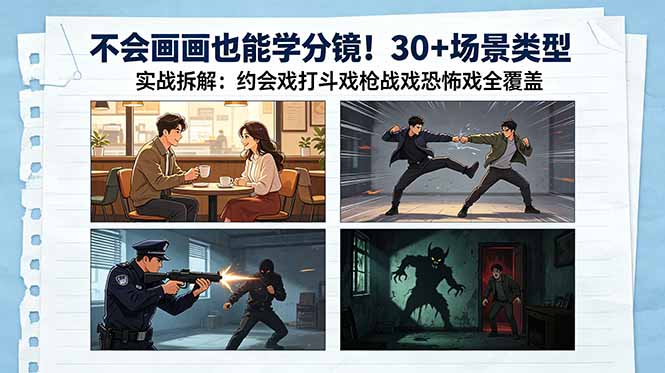 不会画画也能学分镜！30+场景类型实战拆解：约会戏打斗戏枪战戏恐怖戏全覆盖-副业网创