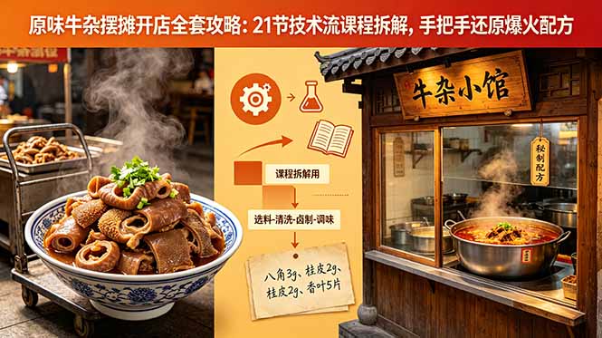 原味牛杂摆摊开店全套攻略：21节技术流课程拆解，手把手还原爆火配方-副业网创