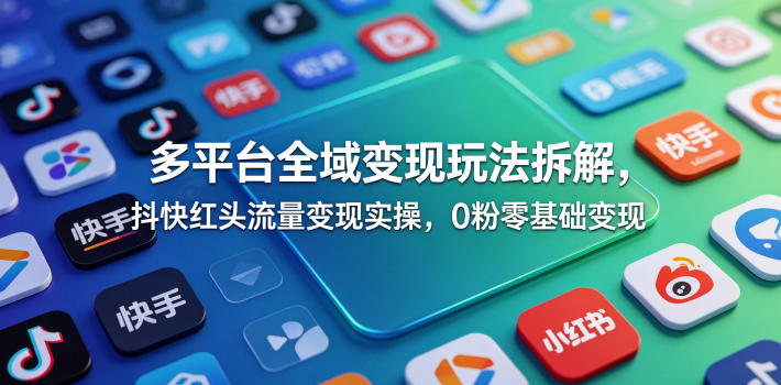 多平台全域变现玩法拆解，抖快红头流量变现实操，0粉零基础变现-副业网创