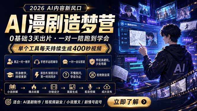 AI漫剧造梦营:0基础3天出片,单个工具每天持续生成400秒视频-副业网创