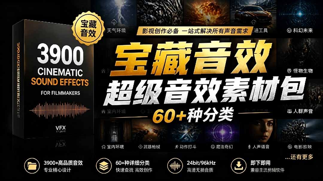 宝藏音效合集包！60+多种音效分类，共计3900个，分类清晰，全中文分类，高品质剪辑音效素材包-副业网创