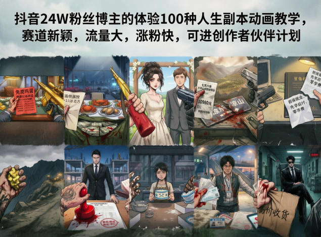 抖音24W粉丝博主的体验100种人生副本动画教学，赛道新颖，流量大，涨粉快，可进创作者伙伴计划-副业网创