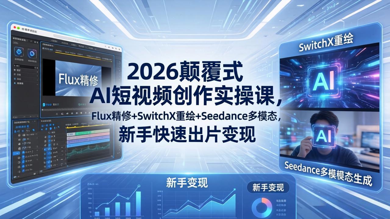 2026颠覆式 AI短视频创作课-5月更新，Flux精修+SwitchX重绘+Seedance多模态，新手快速出片变现-副业网创
