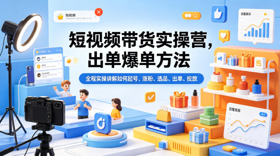 短视频带货实操营，出单爆单方法，全程实操讲解如何起号、涨粉、选品、出单、投放(更新0515)-副业网创