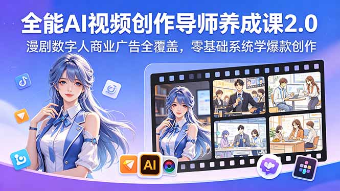 全能AI视频创作导师养成课2.0，漫剧数字人商业广告全覆盖，零基础系统学爆款创作-副业网创