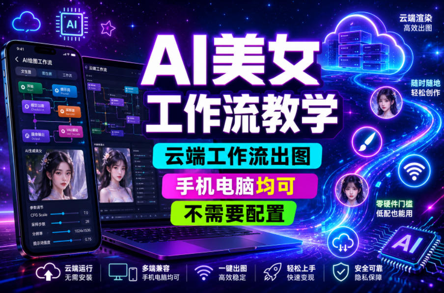 AI美女工作流教学，云端工作流出图，手机电脑均可，不需要配置，快速起号涨粉-副业网创