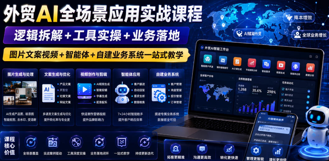 外贸AI全场景应用实战课程｜逻辑拆解+工具实操+业务落地，图片文案视频+智能体+自建业务系统一站式教学-副业网创