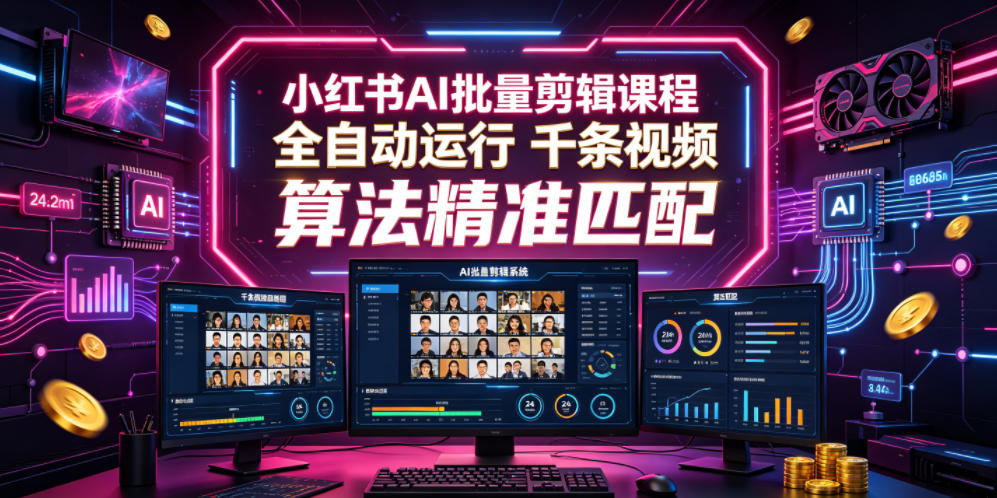 小红书AI批量剪辑课程，24小时全自动运行，解放双手专注运营，千条视频批量处理，小红书算法精准匹配-副业网创