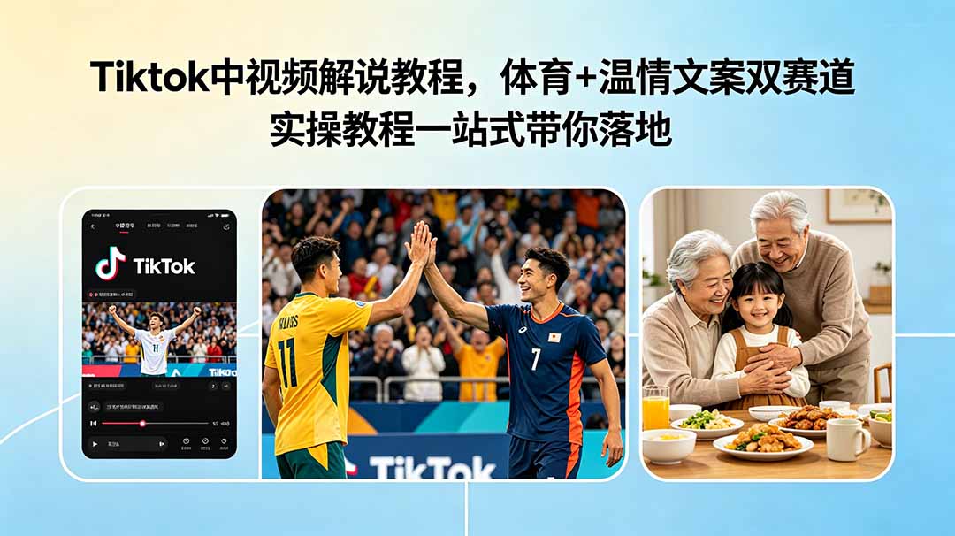Tiktok中视频解说教程，体育+温情文案双赛道实操教程一站式带你落地-副业网创