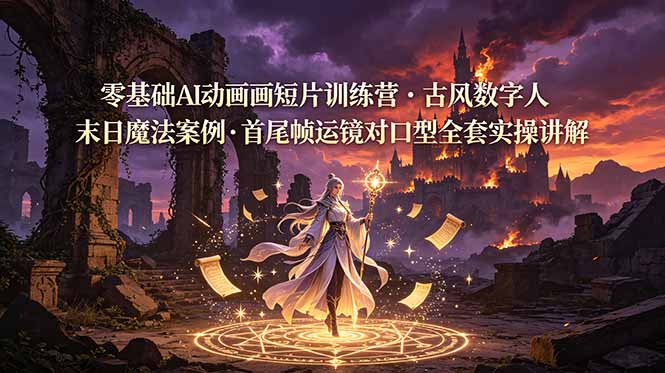 零基础AI动画短片训练营，古风数字人末日魔法案例，首尾帧运镜对口型全套实操讲解-副业网创