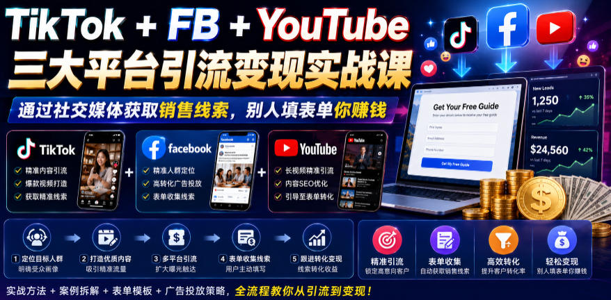 TikTok+FB+YouTube三大平台引流变现实战课，通过社交媒体获取销售线索，别人填表单你賺钱【原创双语字幕】-副业网创