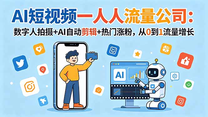AI短视频一人流量公司：数字人拍摄+AI自动剪辑+热门涨粉，从0到1流量增长-副业网创