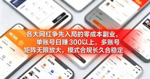 各大网红争先入局的零成本副业，单账号日赚 300 以上，多号矩阵可放大，模式合规长久稳定！-副业网创