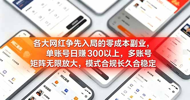 各大网红争先入局的零成本副业，单账号日赚 300 以上，多号矩阵可放大，模式合规长久稳定！-副业网创