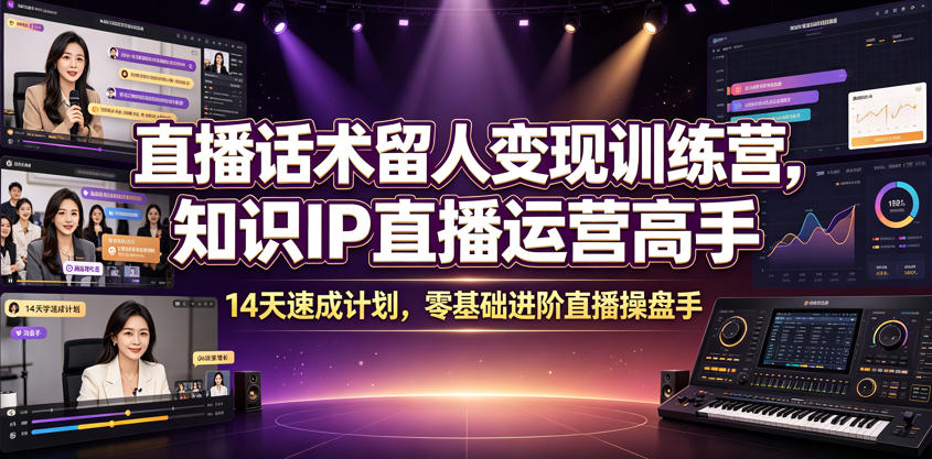 直播话术留人变现训练营，知识IP直播运营高手，14天速成计划，零基础进阶直播操盘手-副业网创