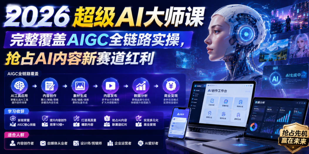 2026超级AI大师课,完整覆盖AIGC全链路实操,抢占AI内容新赛道红利-副业网创