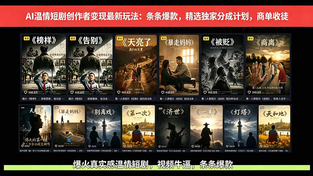 AI温情短剧创作者变现最新玩法：视频牛逼，条条爆款，精选独家分成计划，商单收徒-副业网创
