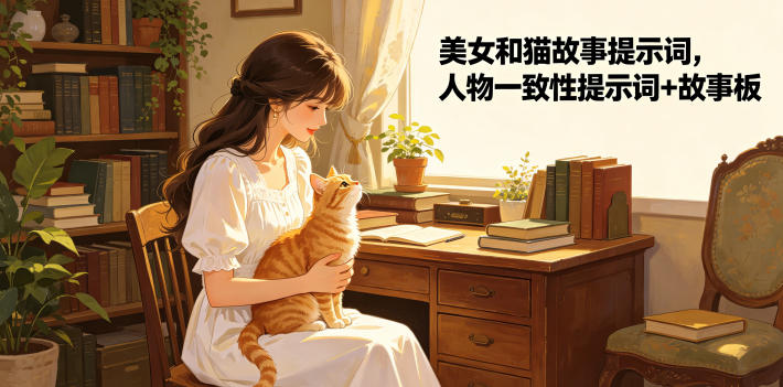 美女和猫故事提示词，人物一致性提示词+故事板-副业网创