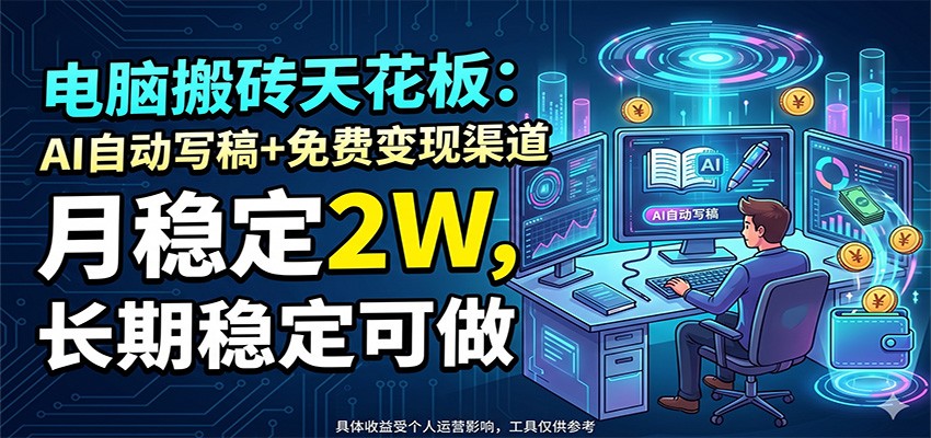 电脑搬砖天花板:AI自动写稿+免费变现渠道,月稳定2W,长期稳定可做-副业网创